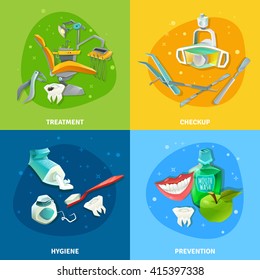 Comprehensive dental care concept 4 flat icons square composition poster with prevention checkup treatment symbols vector illustration 