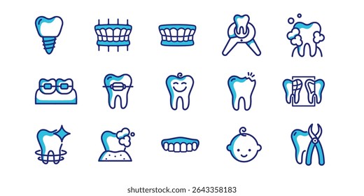 Comprehensive dental icon set - implants, braces, X-rays and pediatric dentistry. Modern flat vector designs for clinics, medical apps and dental healthcare presentations