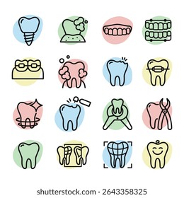 Conjunto abrangente de ícones dentários - implantes, aparelhos de suporte, raios-X e odontologia pediátrica. Modelos vetoriais planos modernos para clínicas, aplicações médicas e apresentações de tratamentos dentários