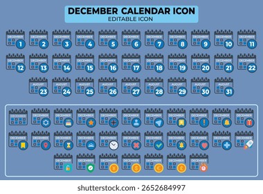 Colección digital integral de fechas calendarias de diciembre y agosto con Elementos gráficos variados