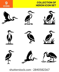 A comprehensive digital collection of graceful bird silhouettes showcasing various standing and flying postures arranged neatly on a clean background. The minimalist graphic symbols highlight long necks and pointed beaks in dark monochrome tones against a bright backdrop. This versatile set captures the serene elegance of wading wildlife through crisp flat artwork suitable for creative projects.