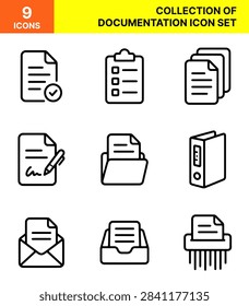A comprehensive digital compilation features nine distinct line art symbols representing paper documents, clipboards, folders, binders, envelopes, trays, and shredders arranged neatly on a clean background, creating a modern office management graphic suitable for administrative projects and user interface design applications.