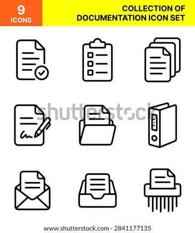 A comprehensive digital compilation features nine distinct line art symbols representing paper documents, clipboards, folders, binders, envelopes, trays, and shredders arranged neatly on a clean background, creating a modern office management graphic suitable for administrative projects and user interface design applications.