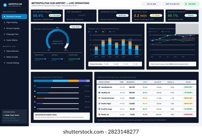 A comprehensive digital interface displaying aviation logistics, flight performance metrics, and passenger flow analytics.