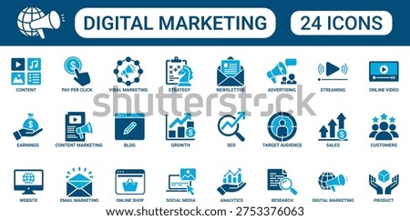 Comprehensive digital marketing icon collection featuring SEO, blog, content marketing, website, social media, analytics, online advertising, audience targeting, sales and growth strategy symbols. Ideal for marketing presentations, web apps, dashboards and business branding.