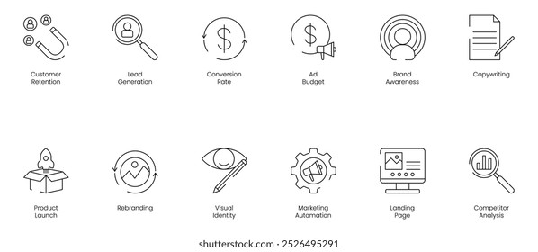 Conjunto Abrangente De Ícones De Marketing Digital, Incluindo Retenção De Cliente, Geração De Clientes Potenciais, Taxa De Conversão, Orçamento De Anúncios, Reconhecimento De Marca, Redação De Cópias, Lançamento De Produtos, Renovação De Marca, Identidade Visual, Marketing