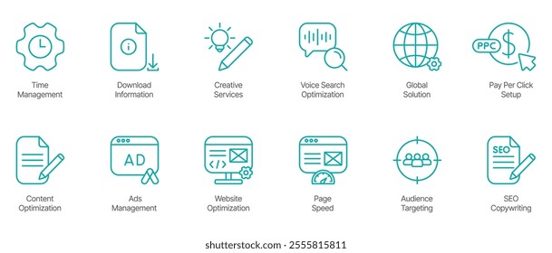 Comprehensive Digital Marketing Icon Set – Time Management, Download Information, Creative Services, Voice Search Optimization, Global Solution, Pay-Per-Click Setup, Content Optimization 