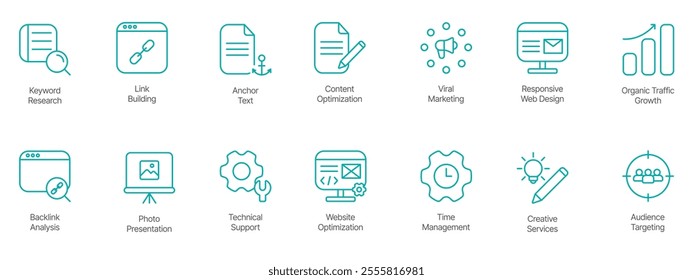 Comprehensive Digital Marketing and SEO Icon Set – Keyword Research, Link Building, Anchor Text, Content Optimization, Viral Marketing, Responsive Web Design, Organic Traffic Growth, Backlink Analysis