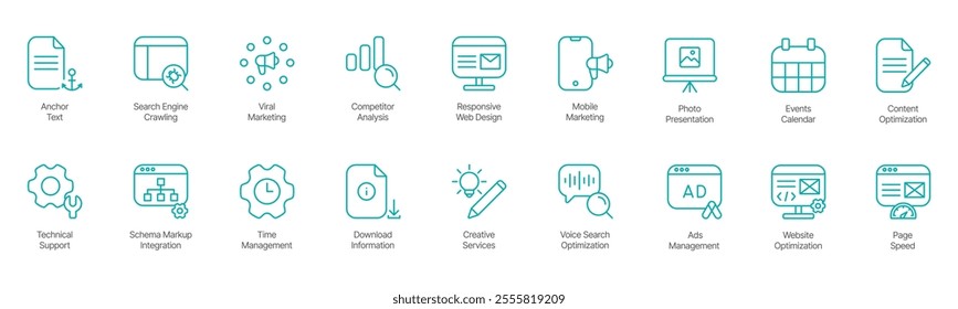 Comprehensive Digital Marketing and Web Optimization Icon Set – Anchor Text, Search Engine Crawling, Viral Marketing, Computer Analysis, Responsive Web Design, Mobile Marketing, Photo Presentation 