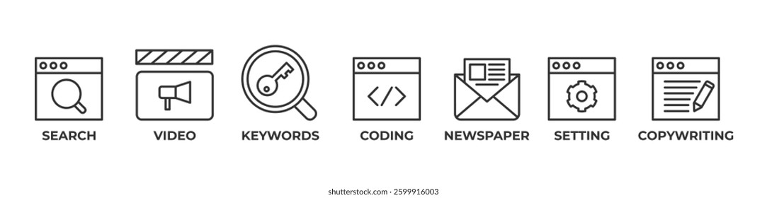 Comprehensive Digital Strategy Icons set vector illustration with  Search, Video, Keywords, Coding, Newspaper, Setting, Copywriting