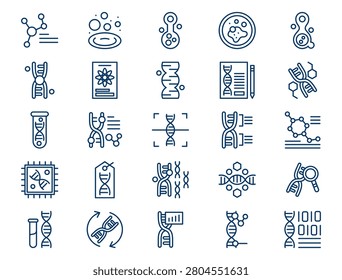 A comprehensive DNA genetic outline collection is displayed on a clean white background. The collection features twenty-five distinct elements with consistent dark blue lines and no color fills. Concept of advanced laboratory bioengineering science, biomedical genome sequencing, and hereditary evolution engineering