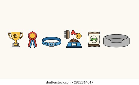 Comprehensive dog care accessory set featuring dog food, blue collar, golden trophy, food bowl, and a gray pet bed.