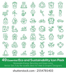 Comprehensive Eco and Sustainability Icon Pack featuring renewable energy, recycling, and green living symbols. Perfect for promoting environmental awareness and sustainable practices.