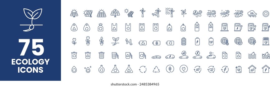 Comprehensive Ecology Icon Set - 75 Outline Icons for Sustainable Design, Editable Stroke for Web, UI, and Mobile Use