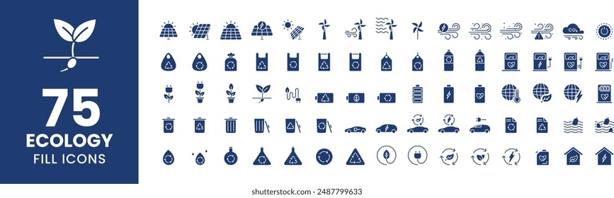Comprehensive Ecology Icon Set - 75 Fill Icons for Sustainable Design, Ideal for Web, UI, and Mobile Use