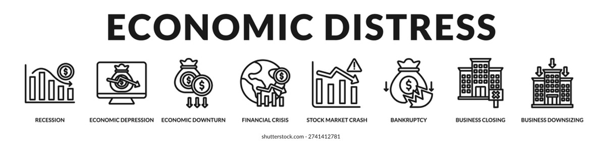 Comprehensive economic distress framework illustrating recessionary cycles, financial collapse indicators, and structural business contraction dynamics. in Lineal Icon Style
