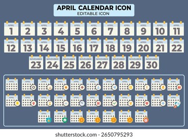 Un completo conjunto de iconos editables de calendario de abril con varias ilustraciones de eventos de negocios y
