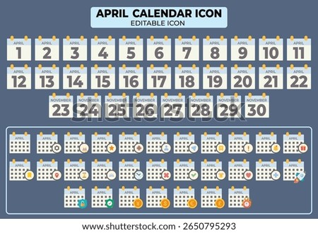 A comprehensive editable April calendar icon set with various business event illustrations and