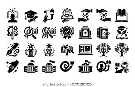Comprehensive education and digital e-learning vector icon bundle featuring black silhouettes of graduation caps, diplomas, open books, university buildings, and online laptop lectures.