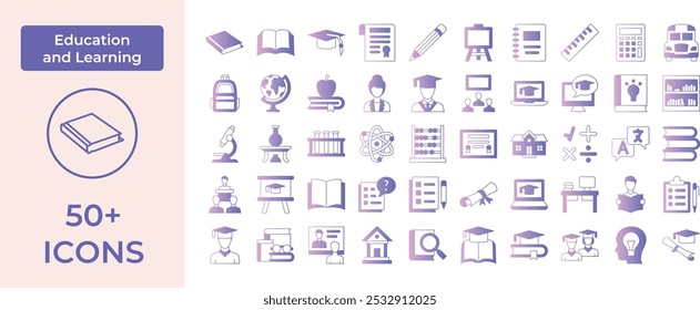 Comprehensive Education Icon Set Featuring Essential Learning Tools and Academic Symbols, Perfect for Highlighting School, Online Learning, and Graduation with a Focus on Knowledge and Academic Achiev