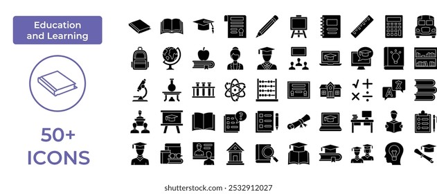 Comprehensive Education Icon Set Featuring Essential Learning Tools and Academic Symbols, Perfect for Highlighting School, Online Learning, and Graduation with a Focus on Knowledge and Academic Achiev