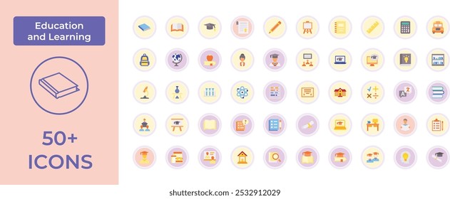 Comprehensive Education Icon Set Featuring Essential Learning Tools and Academic Symbols, Perfect for Highlighting School, Online Learning, and Graduation with a Focus on Knowledge and Academic Achiev