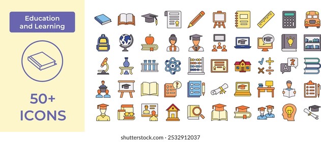 Comprehensive Education Icon Set Featuring Essential Learning Tools and Academic Symbols, Perfect for Highlighting School, Online Learning, and Graduation with a Focus on Knowledge and Academic Achiev