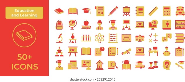 Comprehensive Education Icon Set Featuring Essential Learning Tools and Academic Symbols, Perfect for Highlighting School, Online Learning, and Graduation with a Focus on Knowledge and Academic Achiev