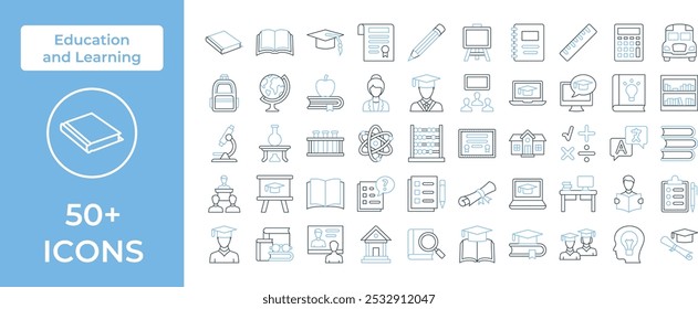 Comprehensive Education Icon Set Featuring Essential Learning Tools and Academic Symbols, Perfect for Highlighting School, Online Learning, and Graduation with a Focus on Knowledge and Academic Achiev