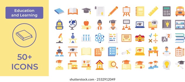 Comprehensive Education Icon Set Featuring Essential Learning Tools and Academic Symbols, Perfect for Highlighting School, Online Learning, and Graduation with a Focus on Knowledge and Academic Achiev