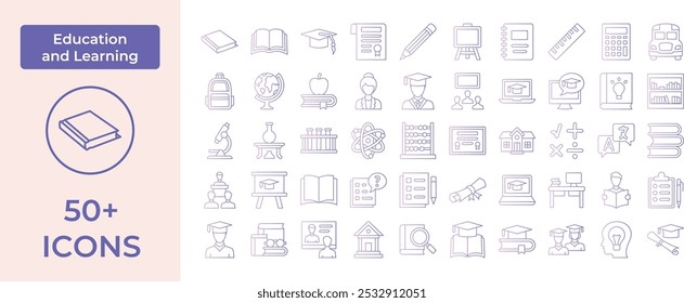 Comprehensive Education Icon Set Featuring Essential Learning Tools and Academic Symbols, Perfect for Highlighting School, Online Learning, and Graduation with a Focus on Knowledge and Academic Achiev
