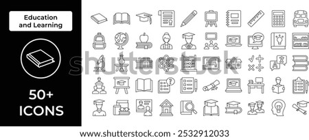 Comprehensive Education Icon Set Featuring Essential Learning Tools and Academic Symbols, Perfect for Highlighting School, Online Learning, and Graduation with a Focus on Knowledge and Academic Achiev