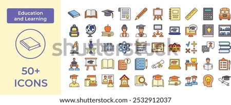 Comprehensive Education Icon Set Featuring Essential Learning Tools and Academic Symbols, Perfect for Highlighting School, Online Learning, and Graduation with a Focus on Knowledge and Academic Achiev