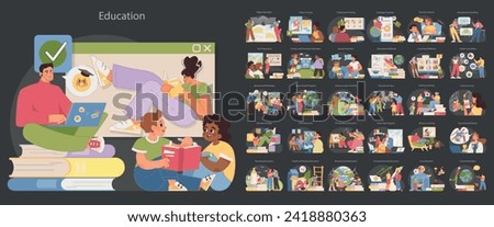 Comprehensive education set. People of various ages and races study. Wide array of educational scenes, from digital learning to traditional classrooms and cultural education. Flat vector illustration