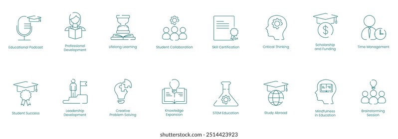 Ícones vetoriais abrangentes de educação e desenvolvimento de habilidades