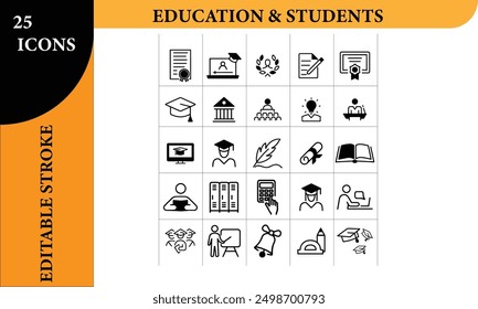 Conjunto De Iconos De Educación Y Estudiantes (Trazo Editable)