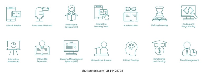 Ferramentas educacionais abrangentes e ícones de vetor de aprimoramento de habilidades