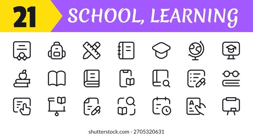 A comprehensive education-themed set featuring book, pencil, ruler, graduation cap, student, online class, reading, notes, board, certificate, learning tools, tutoring, school bag, exam, assignment,