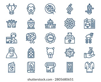 A comprehensive eid al adha outline collection is displayed on a clean white background. The collection features twenty-five distinct elements with consistent dark blue lines and no color fills. Concept of traditional muslim sacrifice pilgrimage ritual culture, middle eastern holy festival decoration, and religious custom greeting