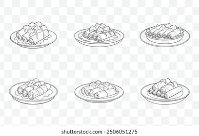 Comprehensive Enchiladas Line Art Vector Set Featuring Traditional Mexican Dish Illustrations for Digital and Print Designs