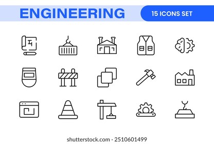 Conjunto abrangente de ícones de engenharia: ícones criados com precisão para projetos de engenharia mecânica, civil, elétrica e de software.