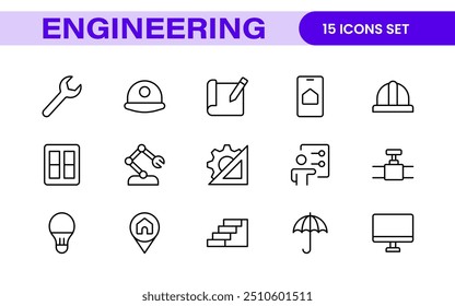 Conjunto abrangente de ícones de engenharia: ícones criados com precisão para projetos de engenharia mecânica, civil, elétrica e de software.