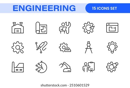 Conjunto abrangente de ícones de engenharia: ícones criados com precisão para projetos de engenharia mecânica, civil, elétrica e de software.