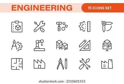 Conjunto abrangente de ícones de engenharia: ícones criados com precisão para projetos de engenharia mecânica, civil, elétrica e de software.