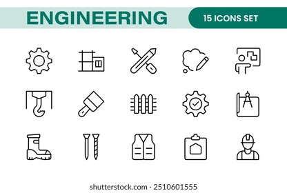 Conjunto abrangente de ícones de engenharia: ícones criados com precisão para projetos de engenharia mecânica, civil, elétrica e de software.