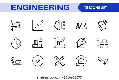 Conjunto abrangente de ícones de engenharia: ícones criados com precisão para projetos de engenharia mecânica, civil, elétrica e de software.