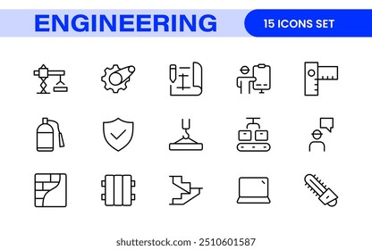 Conjunto abrangente de ícones de engenharia: ícones criados com precisão para projetos de engenharia mecânica, civil, elétrica e de software.