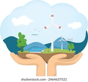 Comprehensive Environmental System Illustration. renewable energy sources like wind turbines and solar panels