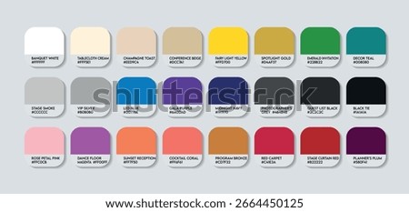 Comprehensive Event Manager Color Palette Guide. Themed Color Swatch Catalog with HEX Codes for Professional Event Management Branding. Event Manager Profession Color Palette Collection. vector EPS