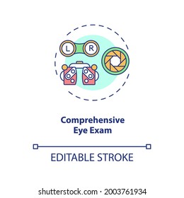 Comprehensive eye exam concept icon. Eye health tips. Measurements how clearly each eye is seeing idea thin line illustration. Vector isolated outline RGB color drawing. Editable stroke